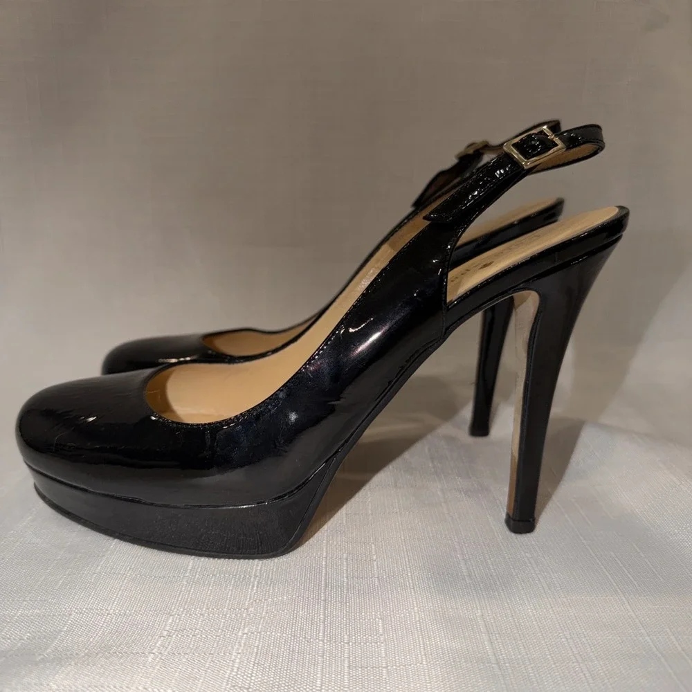 KATE SPADE Black Patent Leather Slingback Heel Platform Stiletto Italy Size 8 B